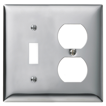 HUBBELL WIRING DEVICE-KELLEMS Wallplates and Boxes, Metallic Plates, 2- Gang, 1) Toggle, 1) Duplex, Standard Size, Chrome Plated Steel SCH18